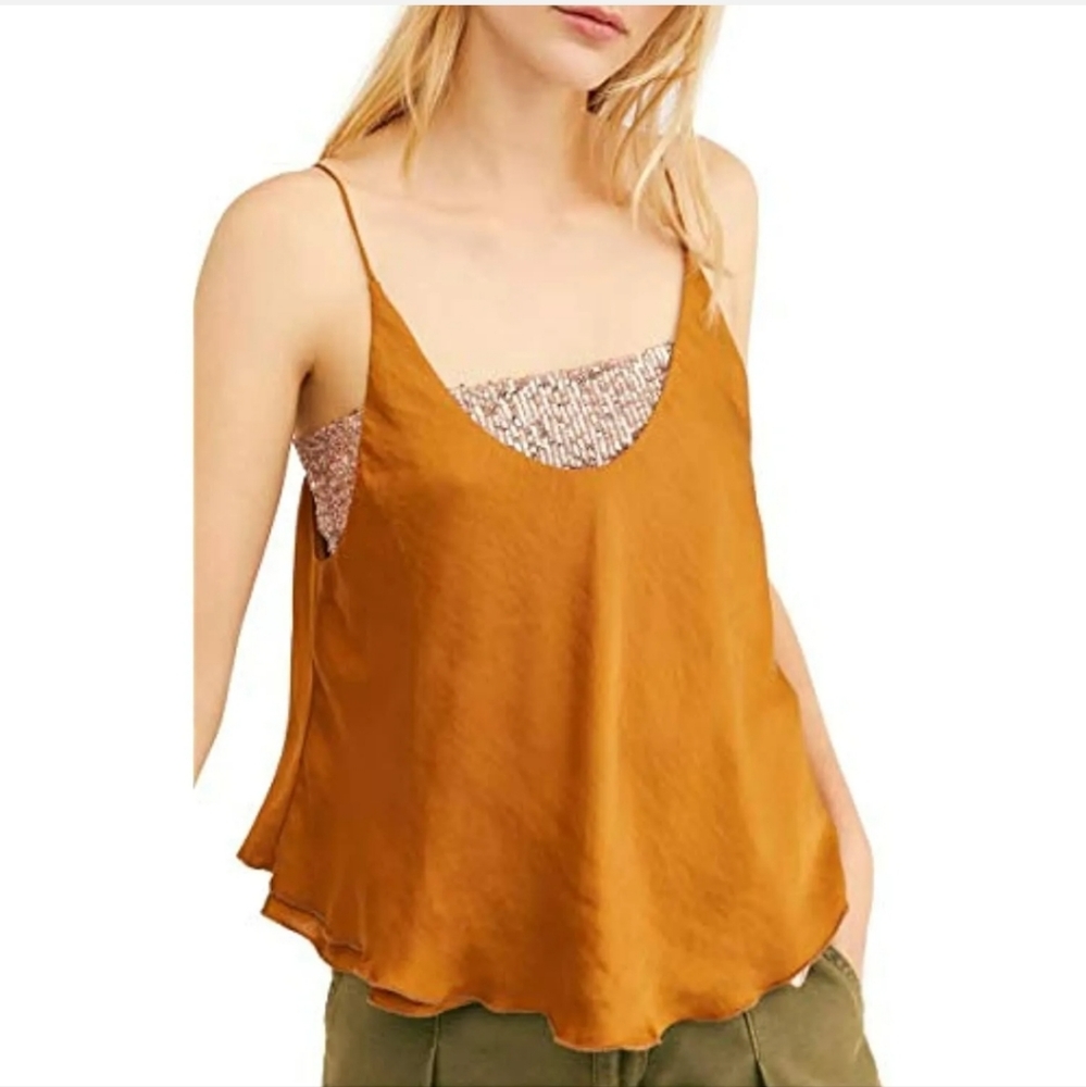 Free People Turn it On Sparkle Glitter Cami in Amber